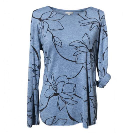 Maglia Donna Elegante in Azzurro con Stampa Floreale, Maniche Lunghe, Stile Casual, Taglia Unica