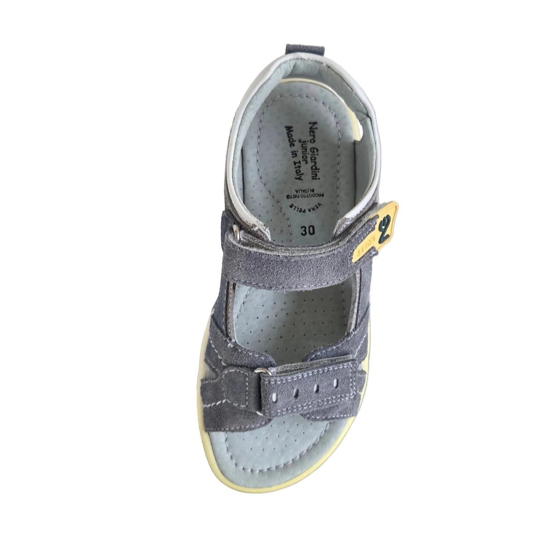 Sandali Bambino Nero Giardini Junior in Vera Pelle – Avio Grigio Giallo Strappo Taglia 30