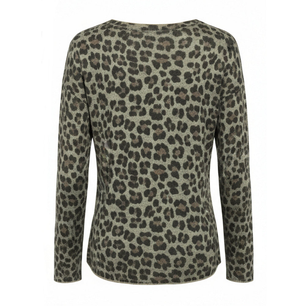 Maglia Donna Leopardato, Maniche Lunghe in Viscosa e Lana, Verde Militare, Taglia Unica, Stile Animalier
