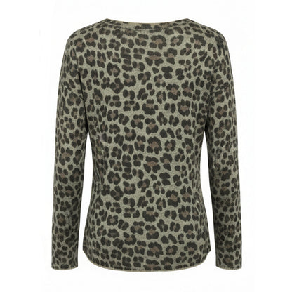 Maglia Donna Leopardato, Maniche Lunghe in Viscosa e Lana, Verde Militare, Taglia Unica, Stile Animalier