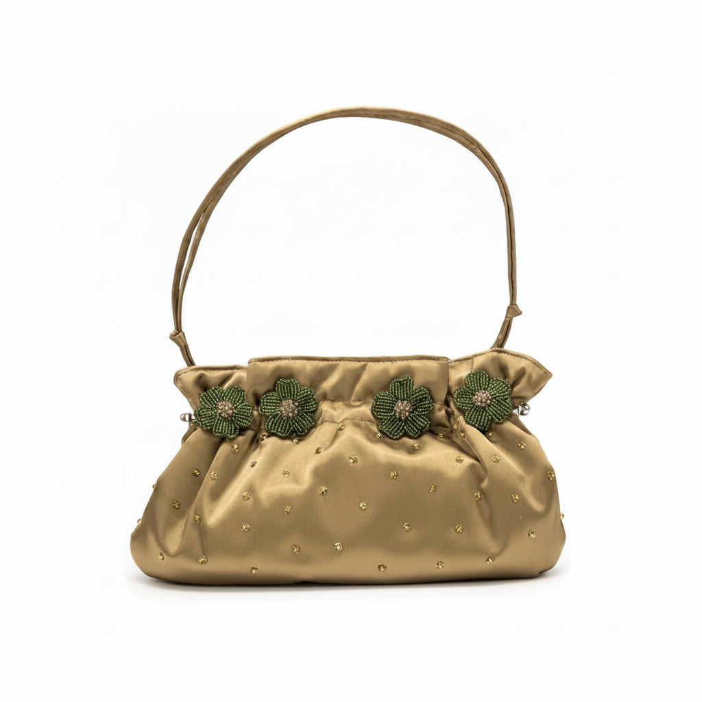 Borsetta da cerimonia Donna, Elegante, Verde Militare, Fiori di perline, Chiusura a scatto