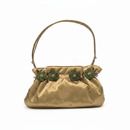 Borsetta da cerimonia Donna, Elegante, Verde Militare, Fiori di perline, Chiusura a scatto