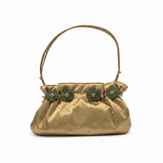 Borsetta da cerimonia Donna, Elegante, Verde Militare, Fiori di perline, Chiusura a scatto