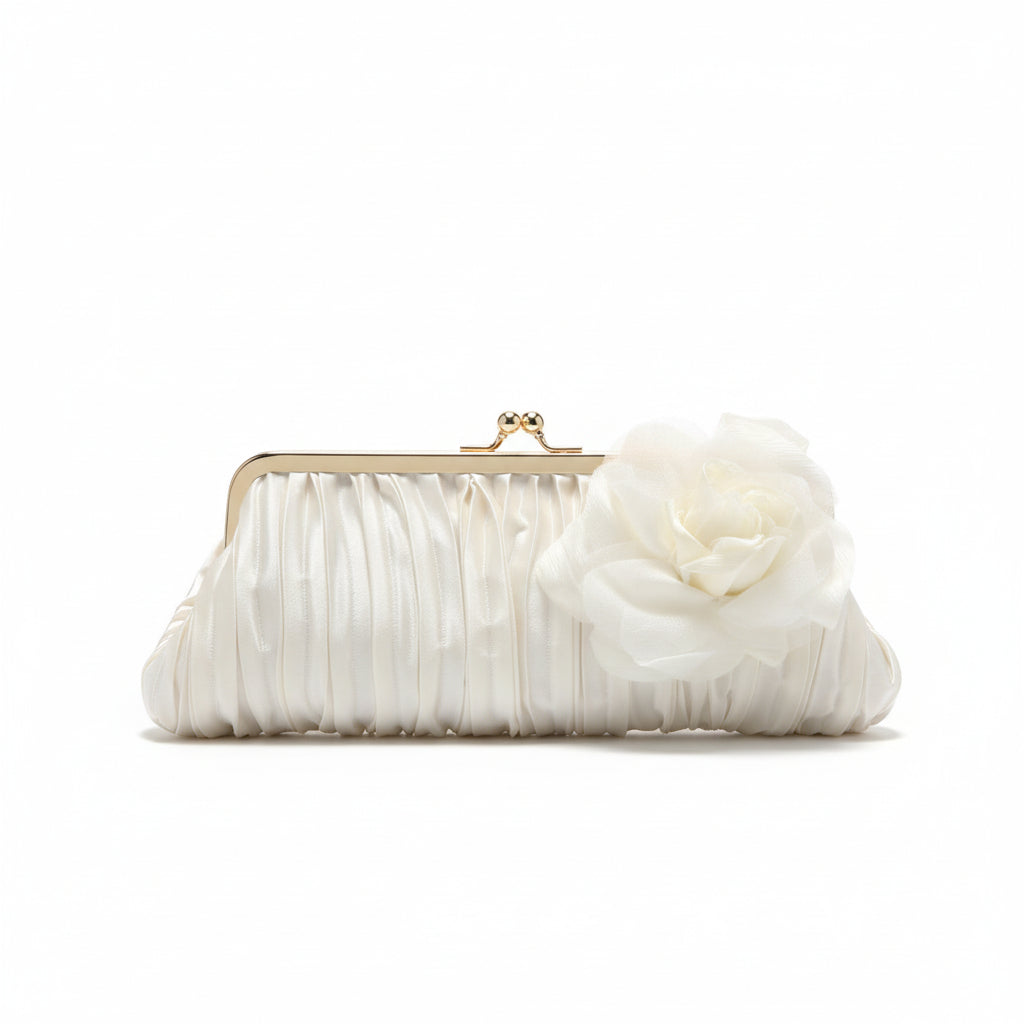 Pochette Clutch Donna Albertario in Raso Bianco – Fiore Tridimensionale Cerimonia