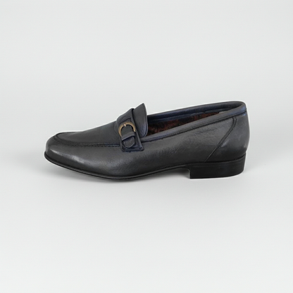 Mocassini Uomo Enzo del Lago 086 Pelle Nero con Fibbia Fondo Cuoio
