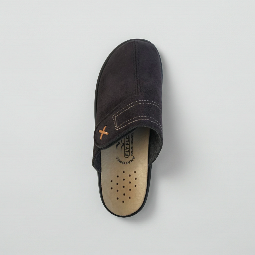 Calde Pantofole Chiuse in Vera Pelle, Nero e Grigio, con Strappo e Plantare Estraibile