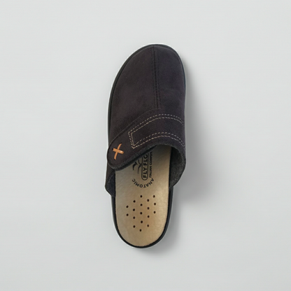Calde Pantofole Chiuse in Vera Pelle, Nero e Grigio, con Strappo e Plantare Estraibile