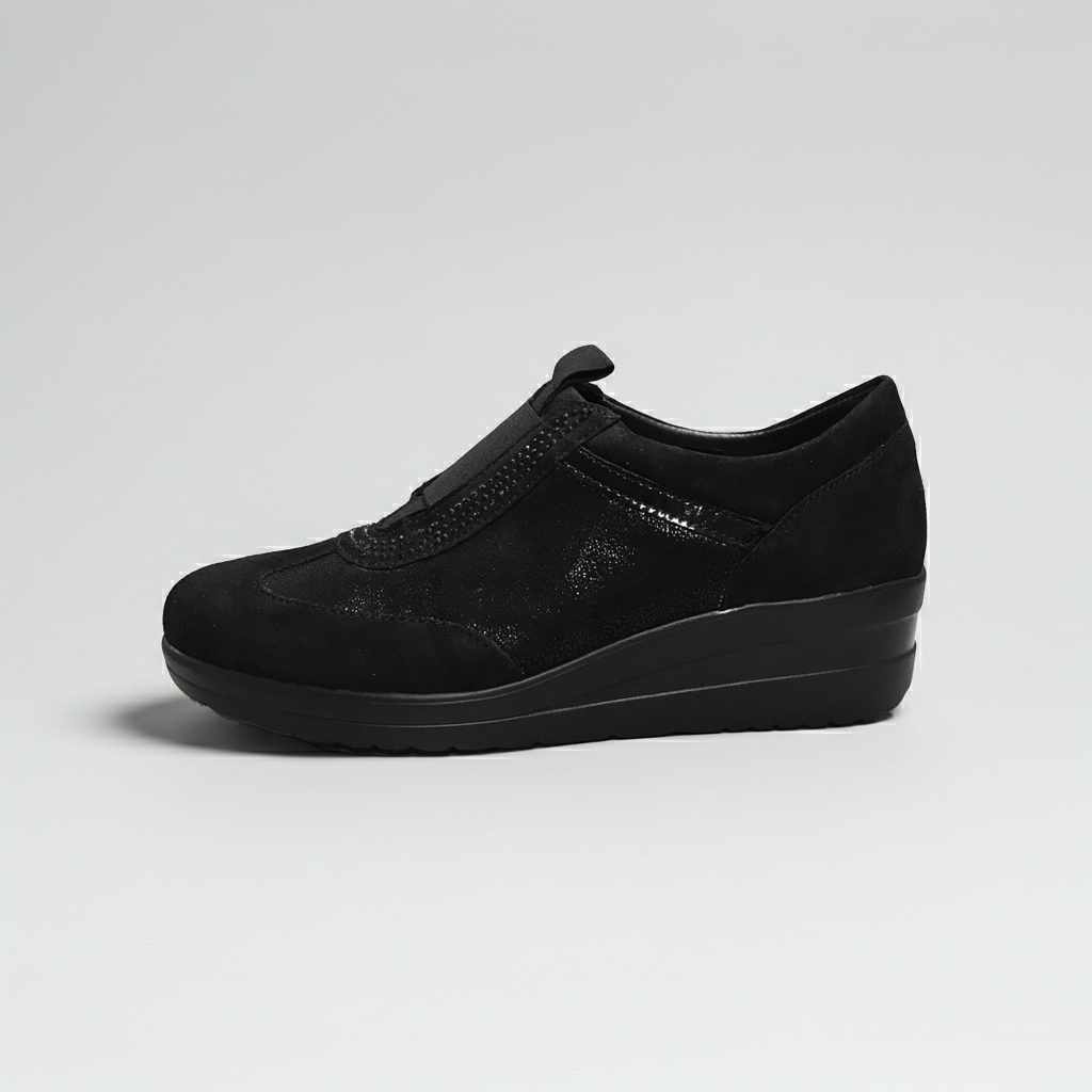 Sneakers Donna Cinzia Soft 235 - Vera Pelle Camoscio Laminata, Nero, Zeppa 4 cm, Elastico