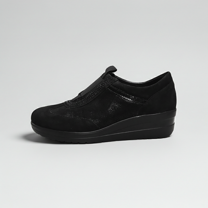 Sneakers Donna Cinzia Soft 235 - Vera Pelle Camoscio Laminata, Nero, Zeppa 4 cm, Elastico