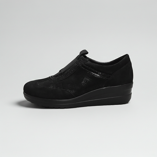 Sneakers Donna Cinzia Soft 235 - Vera Pelle Camoscio Laminata, Nero, Zeppa 4 cm, Elastico