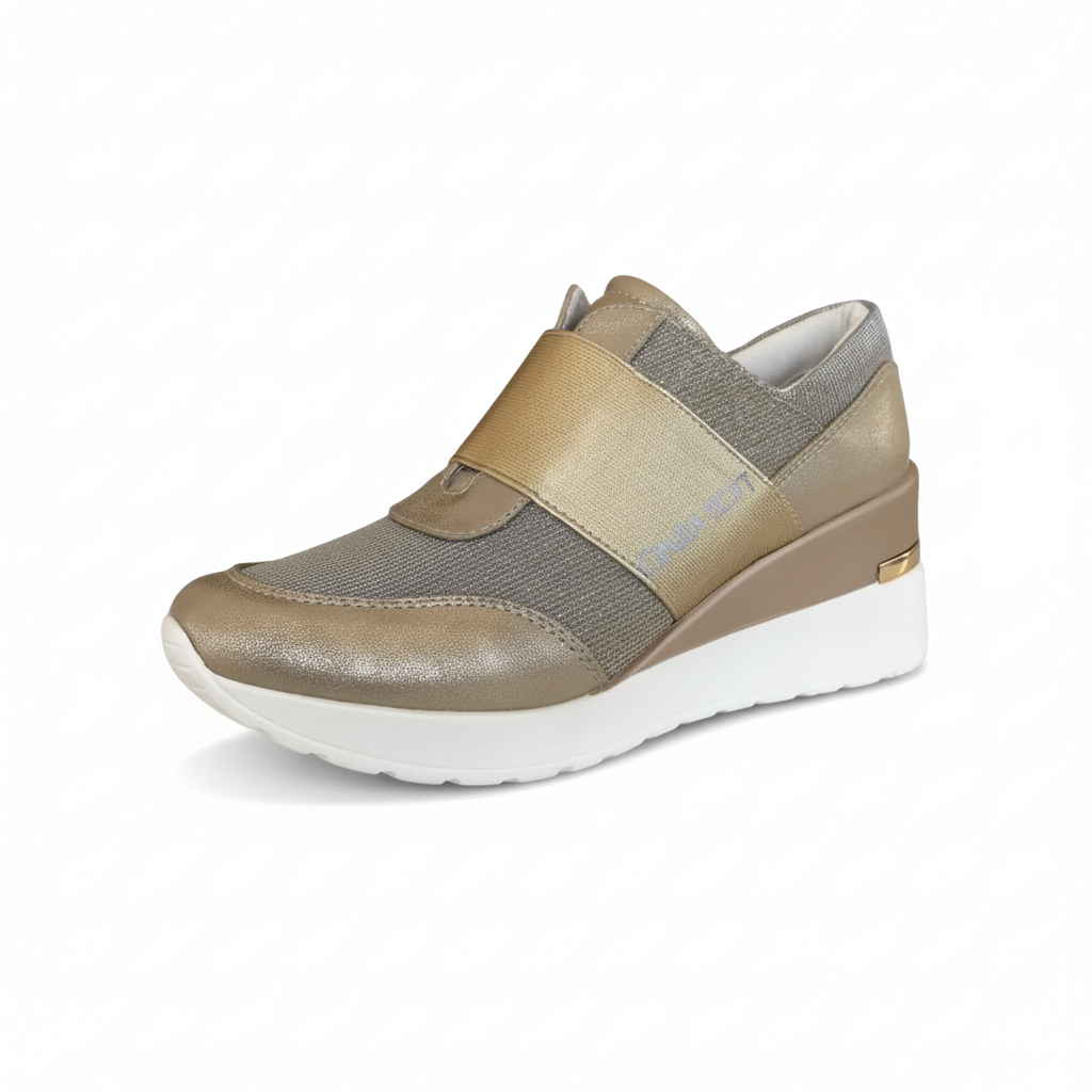 Sneakers Donna Cinzia Soft, Elasticizzate, con Zeppa, Vera Pelle e Tessuto Platino - 38 EU