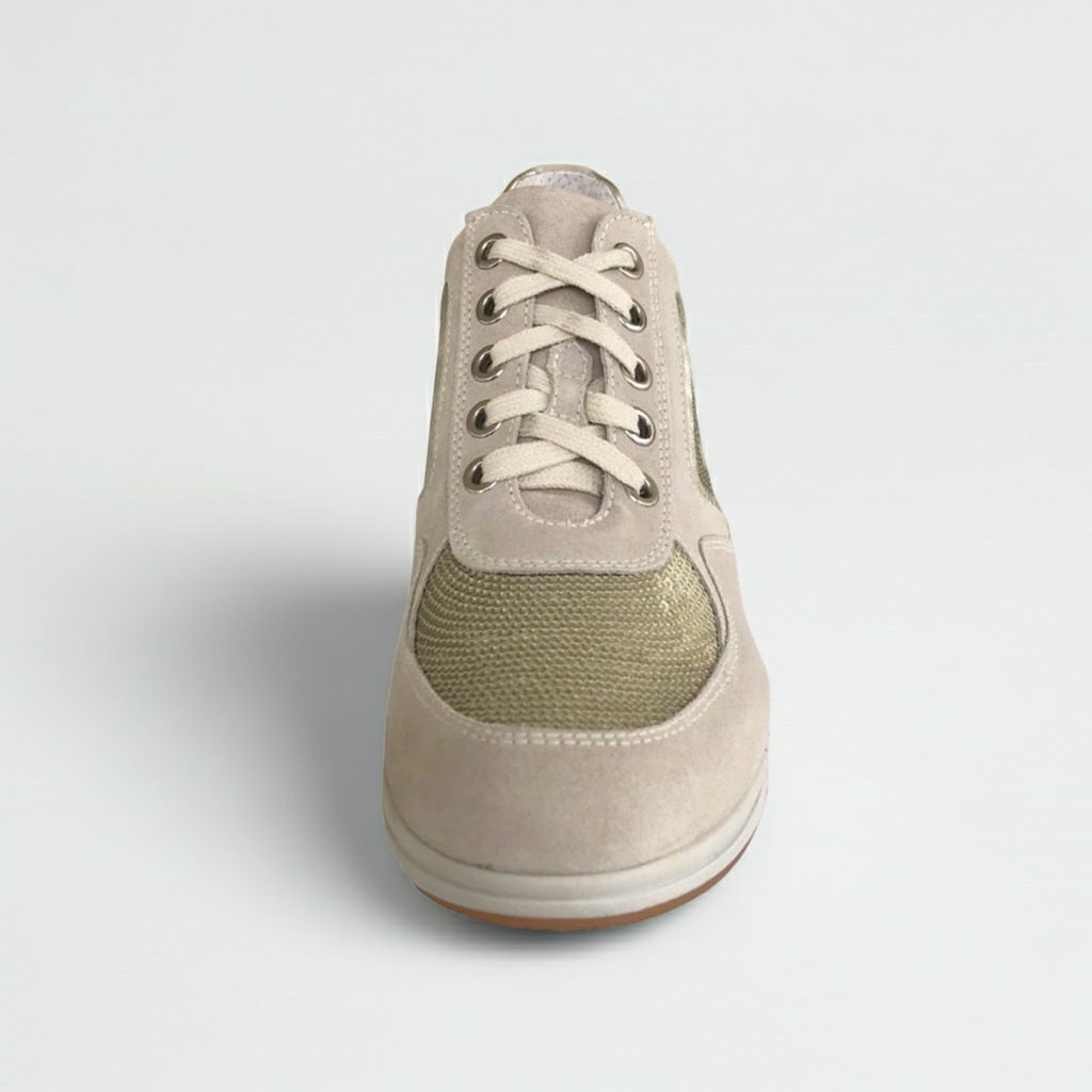 Sneakers Donna NeroGiardini P207010D Vera Pelle Beige Avorio con paillettes platino e zeppa - 39 (EU)
