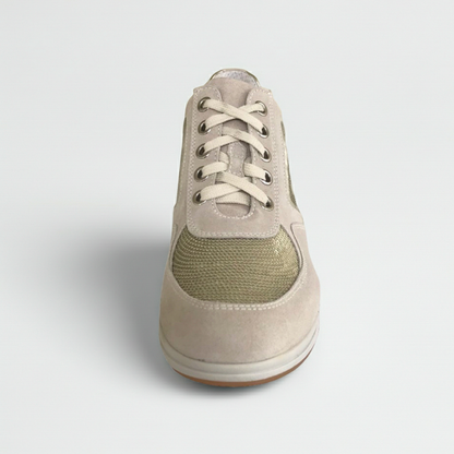 Sneakers Donna NeroGiardini P207010D Vera Pelle Beige Avorio con paillettes platino e zeppa - 39 (EU)