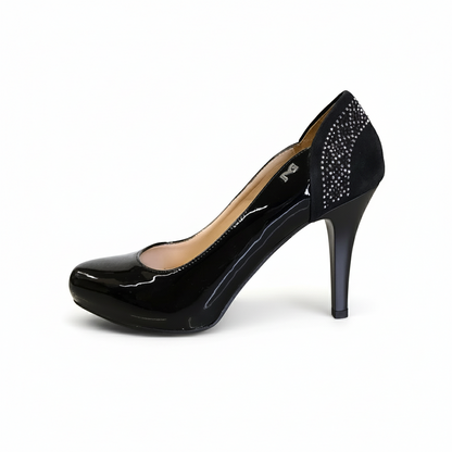 Décolleté NeroGiardini P717371DE - Tacco Alto 9 cm con Plateau, Vernice, Vera Pelle, Camoscio, con Strass - Colore Nero