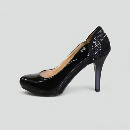 Décolleté NeroGiardini P717371DE - Tacco Alto 9 cm con Plateau, Vernice, Vera Pelle, Camoscio, con Strass - Colore Nero