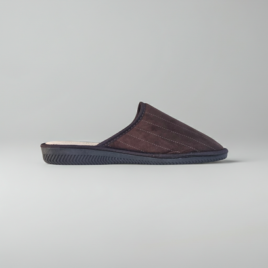 Ciabatte Pantofole Uomo in Velour, Felpato Lana, Soletta in Vera Pelle, Marrone Testa di Moro