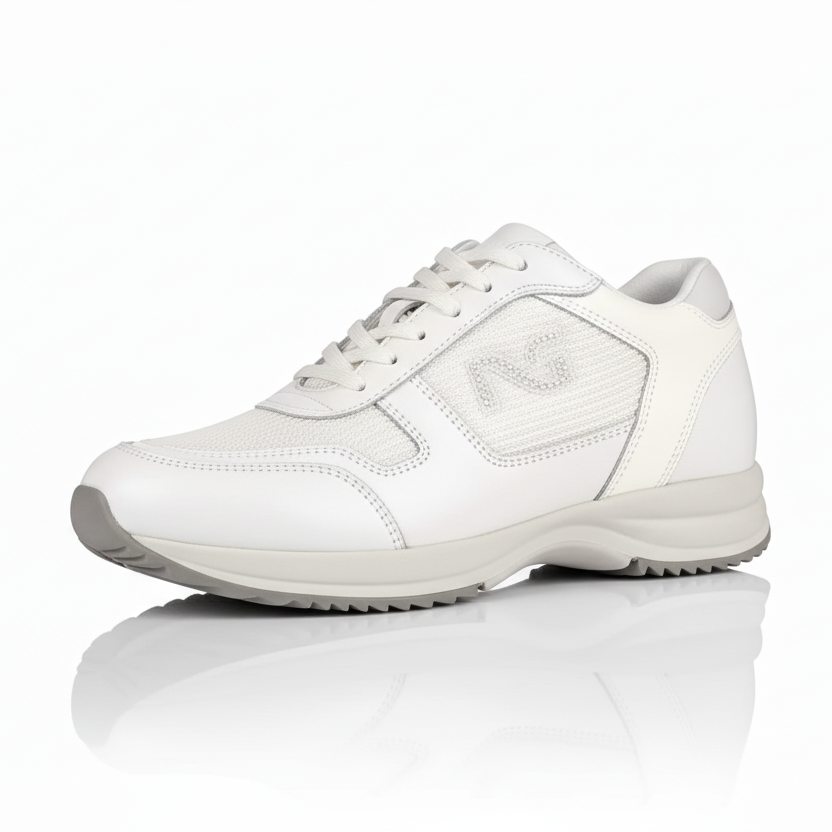 Sneakers Donna NeroGiardini P000400 Vera Pelle Perlato, Tessuto glitter, Bianco