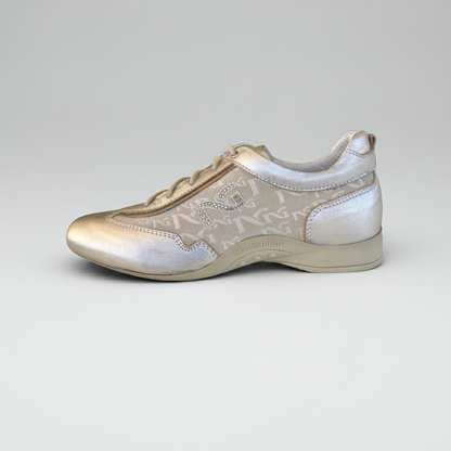 Sneakers basse Donna NeroGiardini 00285 Vera Pelle Platino Lamè Oro Monogram
