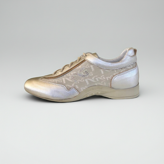 Sneakers basse Donna NeroGiardini 00285 Vera Pelle Platino Lamè Oro Monogram